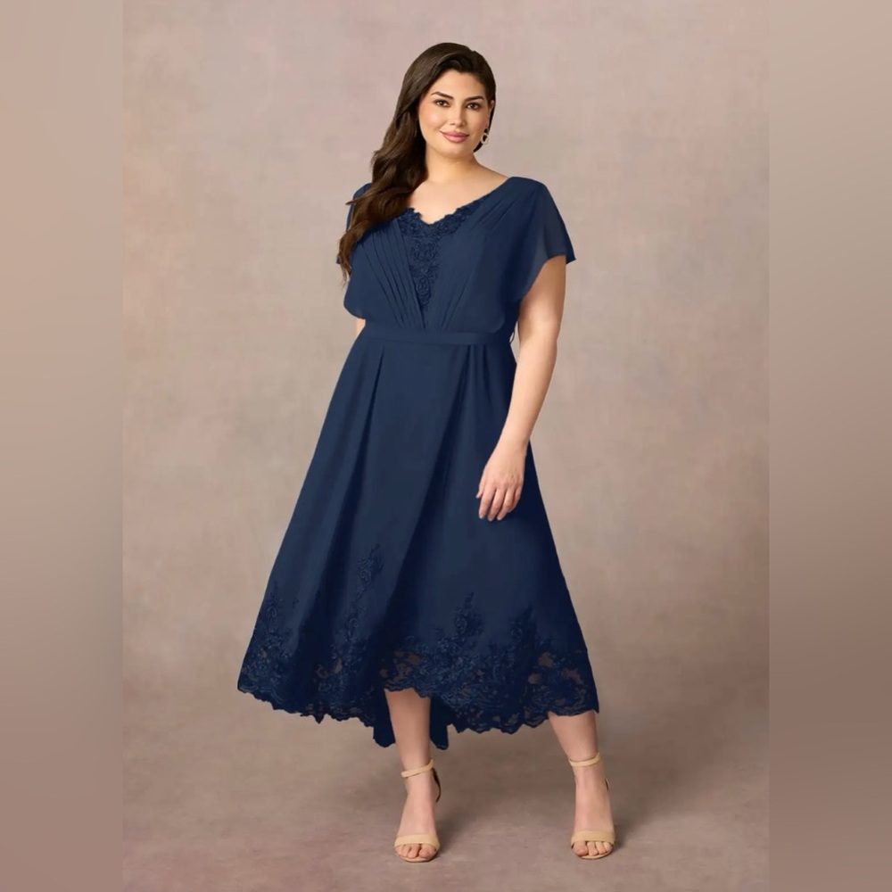 Azazie Navy Blue Lace-Trim Midi Dress